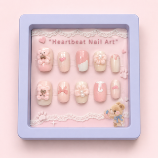 Heartbeat Nail Art – Kawaii Bear Press-On Nails | Pink 3D Floral Set