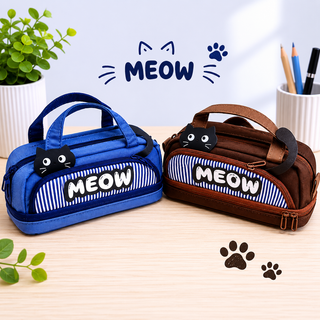 Meow Cat Pencil Pouch with Handle | Cute Zipper Stationery Bag for Kids