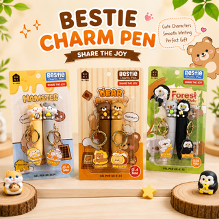 Kawaii Character Bestie Charm Gel Pen | Cute Topper Pen with Keychain 2pc  (Random)