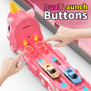 Unicorn Car Carrier Truck Toy with Foldable Race Track & Mini Alloy Cars