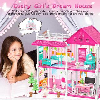 2 Storey Princess Dream Doll House Multi-Room Scenario Toy For Girls