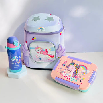 Unicorn Theme Combo Set of Backpack, Lunch Box & Water Bottle for Kids (Purple)