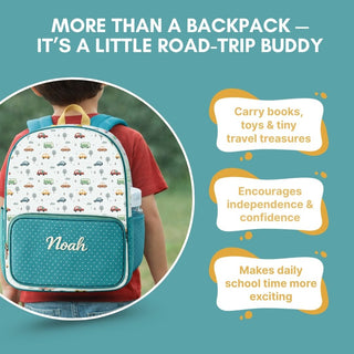 Cots and Cuddles Cute Vehicles Theme Printed Canvas Backpack for Kids