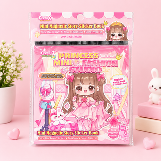 Magnetic story sticker book pages with princess, fashion, and space-themed stickers