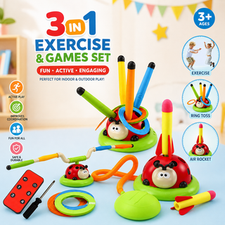 3-in-1 Ladybug Activity Toy Set for Kids – Rocket Launcher, Ring Toss & Balance Bar with Music | Ages 3+