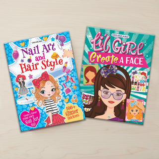 Lil Create a Face and Nail Art - Hair Style- Create and Colour Your Own Nail Art with 150 Glitter Stickers, Activity Book Pack of 2