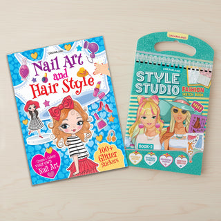 Style Studio Fashion Sketch Activity Book Part-2 with Nail Art and Hair Style- Create and Colour Your Own Nail Art with 150 Glitter Stickers, Activity Book Pack of 2