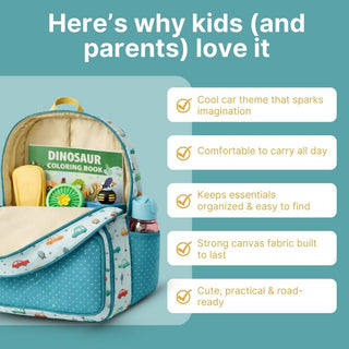Cots and Cuddles Cute Vehicles Theme Printed Canvas Backpack for Kids