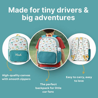 Cots and Cuddles Cute Vehicles Theme Printed Canvas Backpack for Kids
