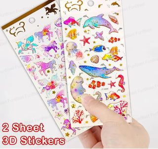 2 sheet 3D sticker set — unicorn fantasy and ocean animals holographic puffy stickers