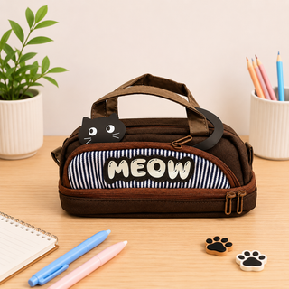 Meow Cat Pencil Pouch with Handle | Cute Zipper Stationery Bag for Kids