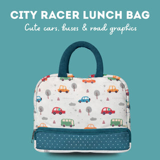 Cots and Cuddles Cute Vehicles Theme Printed Canvas Lunch Bag for Kids