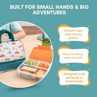 Cots and Cuddles Cute Vehicles Theme Printed Canvas Lunch Bag for Kids