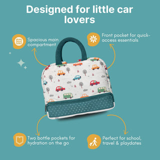Cots and Cuddles Cute Vehicles Theme Printed Canvas Lunch Bag for Kids