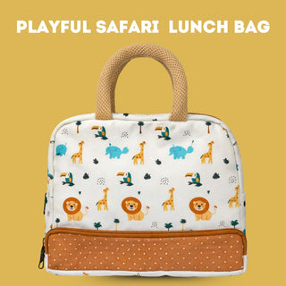 Cots and Cuddles Cute Playful Safari Theme Printed Canvas Lunch Bag for Kids
