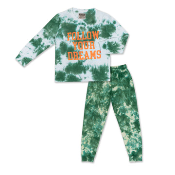 Unicorn Full Sleeves Tie and Dye Follow Your Dreams Printed Night Suit - Green & White(Uk Size)