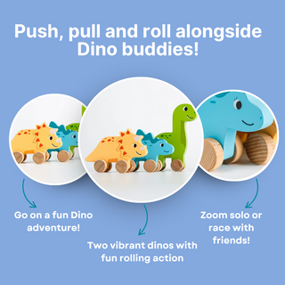 Cots and Cuddles Wooden Dino with Wheels Toy for Kids (Pack of 3)