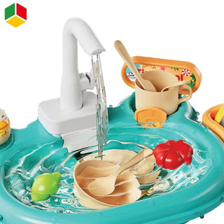 3-in-1 Running Water Play Sink Toy with Fishing Game & Kitchen Set