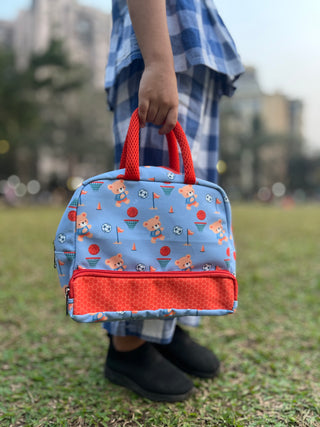 Cots and Cuddles Cute Sporty Bear Theme Printed Canvas Lunch Bag for Kids (Customized) (PREPAID ONLY)