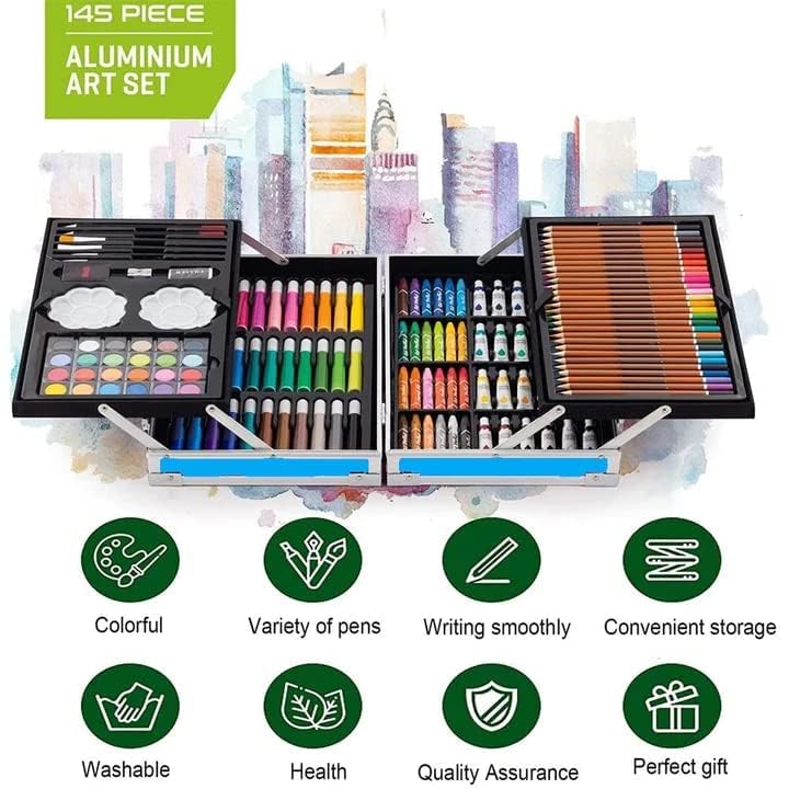 H & B Deluxe Art Set 145-Piece 2 Layers, Child Art Supplies for Drawing,  Painting, Portable Aluminum Case Art Kit for Kids, Teens, Adults Great Gift