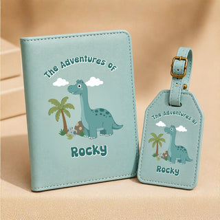 Personalized Passport Cover & Luggage Tag  for Kids | Custom Name Travel Accessories (Dino - Apatosaurus) (PREPAID ONLY)