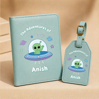 Personalized Passport Cover & Luggage Tag  for Kids | Custom Name Travel Accessories (Alien) (PREPAID ONLY)