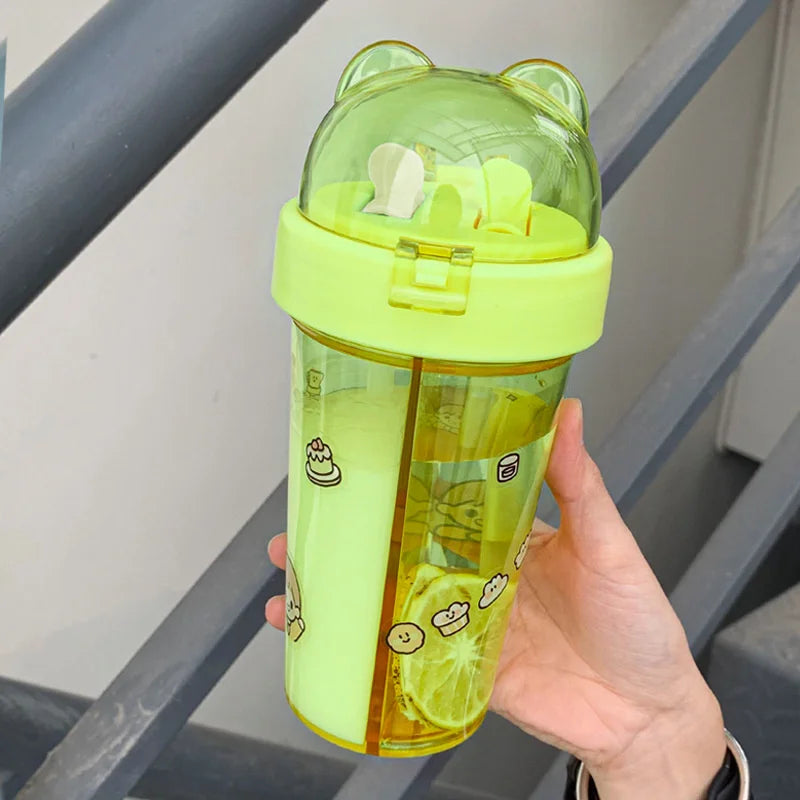 Ludlz Portable Double Straw Independent Drink 2-in-1 Leak-Proof Couple Cup Children's Cup Double-Sided Water Bottle Double-Layer Water Bottle Double