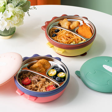 Dino Delight: Round 3-Compartment 400ml Snack Box with Suction Base for Kids