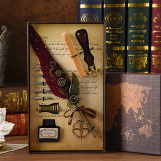 Vintage Feather Quill Pen Gift Set with Ink & Wax Seal Stamp