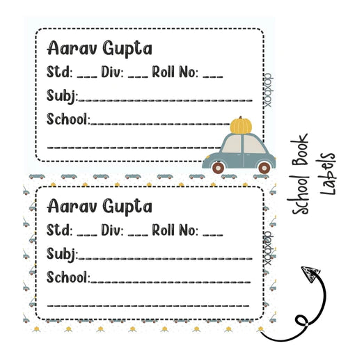 SCHOOL BOOK LABEL - CAR - Pack of 36 labels - PREPAID ONLY