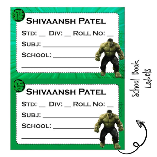 School Book Labels - Hulk - Pack of 36 labels - (PREPAID ONLY)