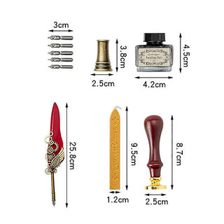Red feather quill pen gift set with ink, extra nibs, pen stand, wax seal stamp and sealing wax in a presentation box