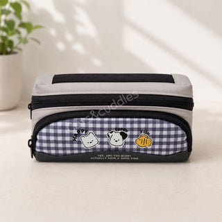 Cute Puppy Gingham Pencil Case | Large Capacity Double Zip School Pouch for Kids