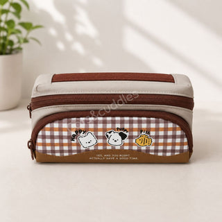 Cute Puppy Gingham Pencil Case | Large Capacity Double Zip School Pouch for Kids