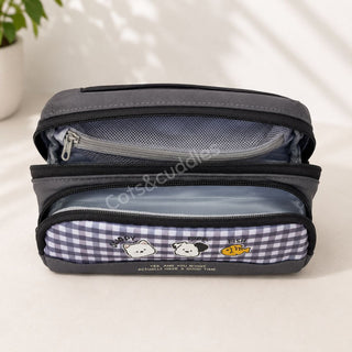 Cute Puppy Gingham Pencil Case | Large Capacity Double Zip School Pouch for Kids