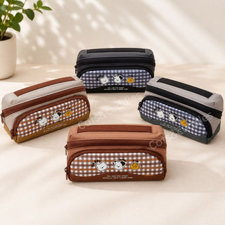Cute Puppy Gingham Pencil Case | Large Capacity Double Zip School Pouch for Kids