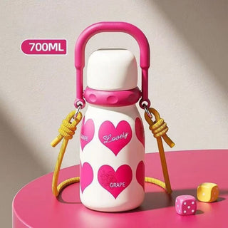 Kawaii Stainless Steel Insulated Water Bottle 700ml with Carabiner & Lanyard