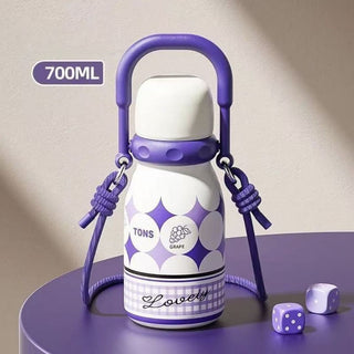 Kawaii Stainless Steel Insulated Water Bottle 700ml with Carabiner & Lanyard