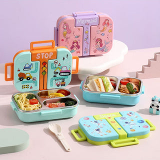 Cute Kids Bento Lunch Box with 3 Compartments & Cutlery