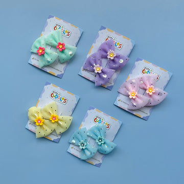 Small Flower on Bow Hair Clip for Kids