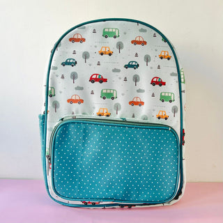 Cots and Cuddles Cute Vehicles Theme Printed Canvas Backpack for Kids