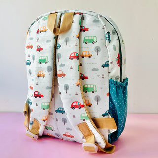Cots and Cuddles Cute Vehicles Theme Printed Canvas Backpack for Kids