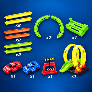 Racing track set components with straight tracks, curved sections, stunt loops and red and blue pull-back cars