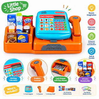 Turquoise kids cash register toy with orange scanner, grocery shelf, toy groceries and play money