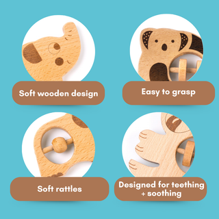 Cots and Cuddles Wooden Animal Rattle Toy for Babies & Newborns (1pc)