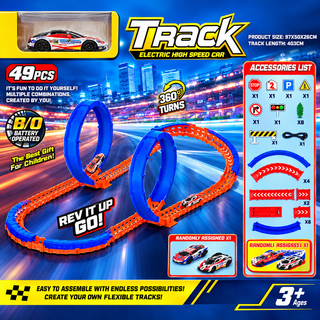 Racing car track set packaging showing a double-loop layout and randomly supplied car designs