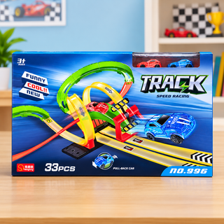 33-piece stunt racing track set packaging showing colourful loops and two pull-back cars