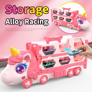 Unicorn Car Carrier Truck Toy with Foldable Race Track & Mini Alloy Cars