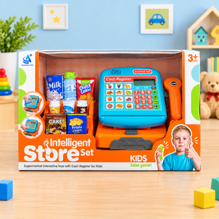 Boxed supermarket cash register toy set with scanner and play groceries, marked ages 3 and above