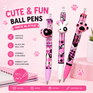 Kawaii 3D Topper Ball Pen – Pink Bunny, Heart & Paw Print | Kids Stationery